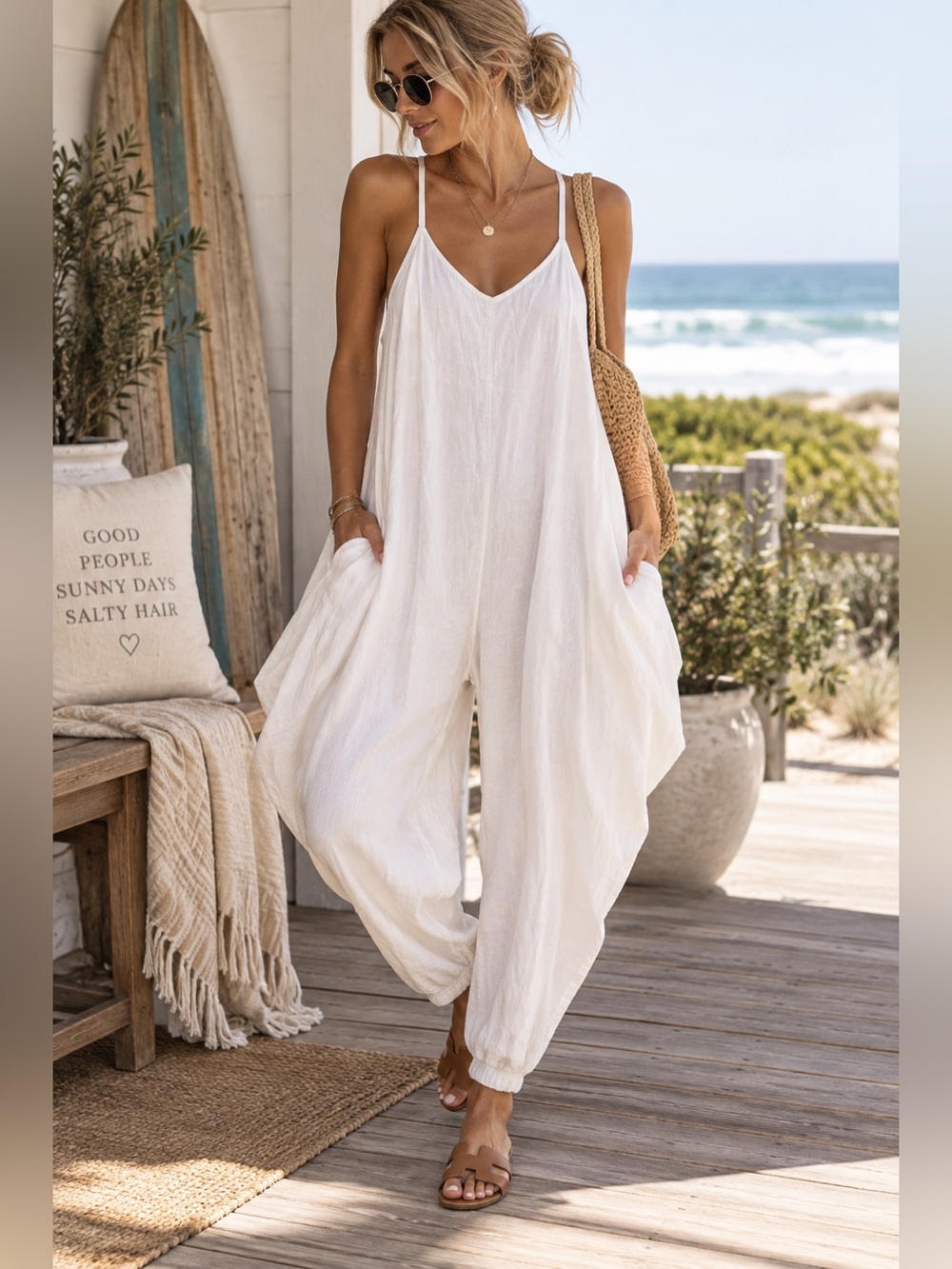 Everlily White Linen Blend Harem Jumpsuit M Boho Draped Wide Leg